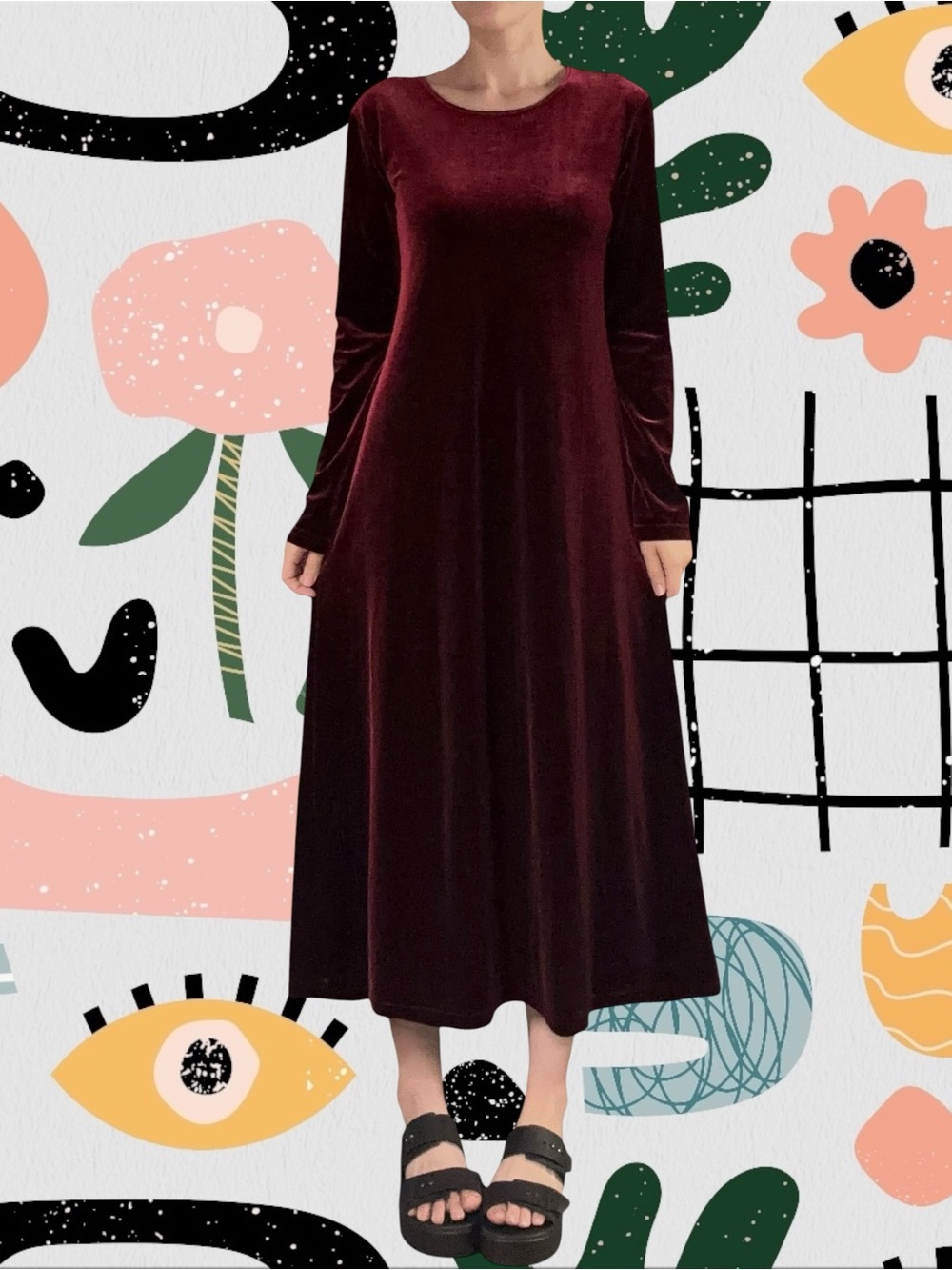 Dressing Clio | Vintage 90s/Y2K Red Velvet Long Sleeve Midi Dress